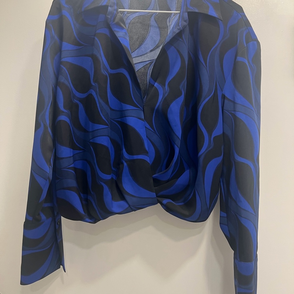 Blue and Black Printed Drape Front Women's Top